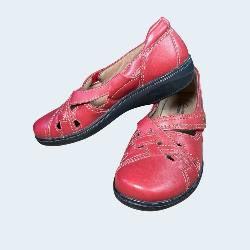 Clarks Collection Red Leather Mary Jane Comfort Shoes Women's 6.5M Hook & Loop